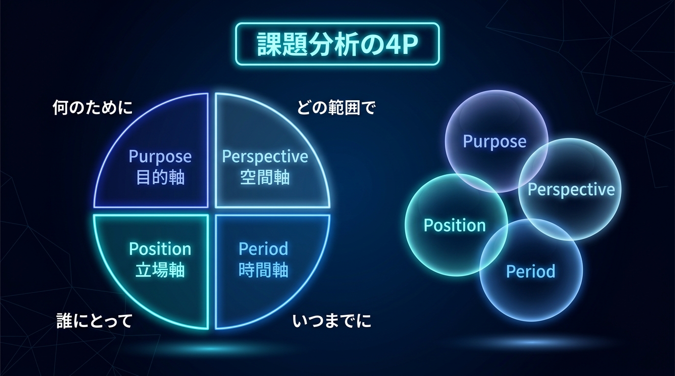 課題分析の4P - Purpose（目的軸）、Perspective（空間軸）、Position（立場軸）、Period（時間軸）